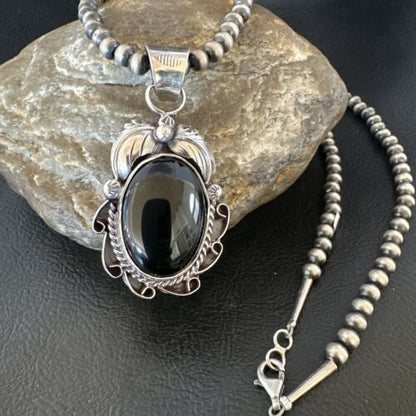 Native American Men's Pendant | Navajo Pearls | Sterling Silver Black Onyx Necklace | 16128