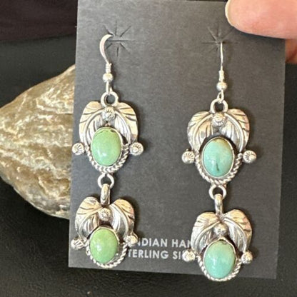 Navajo Blue Green Turquoise Dangle Earrings | Sterling Silver | 1.5" | Authentic Native American Handmade | 17386