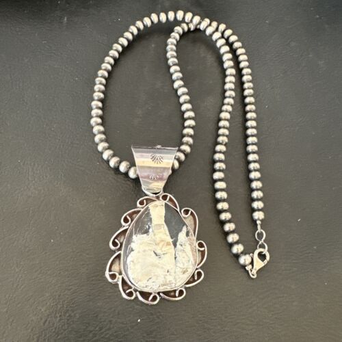 Men's White Buffalo Turquoise Pendant | Navajo Pearl Sterling Silver Necklace 21" | 17036