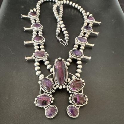 Navajo Purple Sugilite Squash Blossom Naja Pendant | Sterling Silver | Native American Handmade | 17206