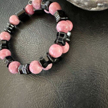 Navajo Pink Rhodochrosite Memory Wire Bracelet | Stainless Steel | Authentic Native American Handmade | 17624