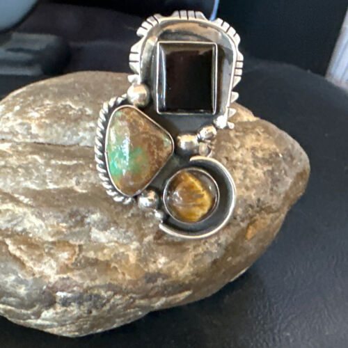 Navajo Blue Turquoise, Onyx, Tigers Eye Multi-Stone Cluster Ring | Authentic Native American Sterling Silver | Sz 10 | 14842