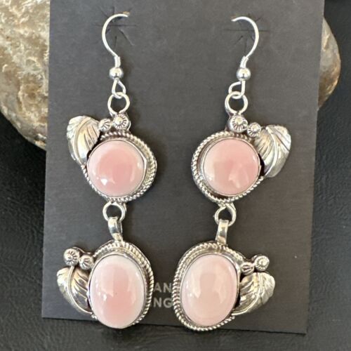 Navajo Pink Conch Shell Dangle Earrings | Sterling Silver | Authentic Native American Handmade | 17213