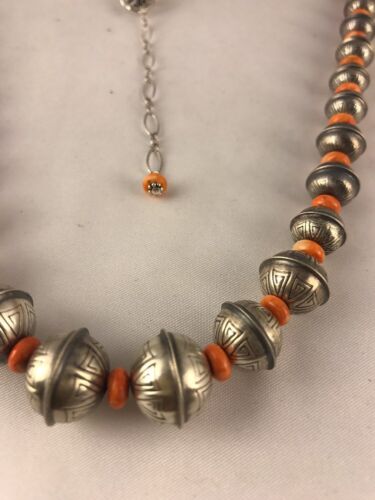 Navajo Pearls Spiny Oyster Bench Bead Necklace | Sterling Silver | 22" Single Strand| Authentic Native American Handmade | 9954