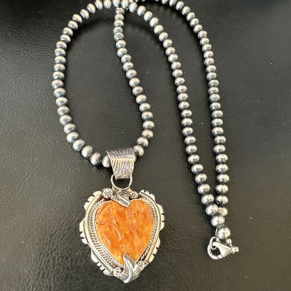 Navajo Orange Spiny Oyster Heart Pendant Necklace | Sterling Silver | Authentic Native American Handmade | 16296