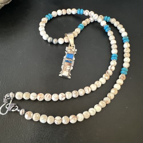 Wild Horse Blue Turquoise Pendant | Navajo Pearls | Sterling Silver Necklace 21" | Native American | 15667