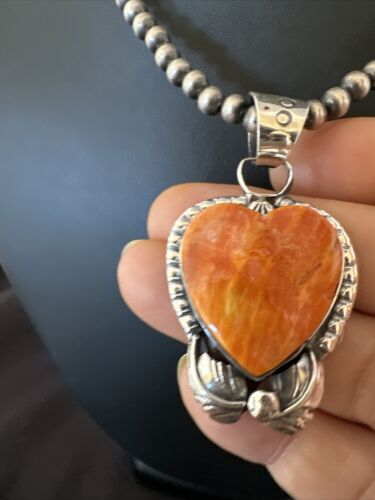 Navajo Orange Spiny Oyster Heart Pendant Necklace | Sterling Silver | Authentic Native American Handmade | 16414
