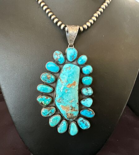 Navajo Blue Kingman Turquoise Cluster Pendant Necklace | Sterling Silver | Authentic Native American Handmade | 16794