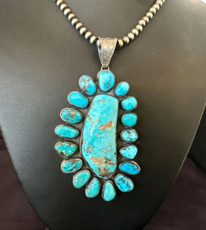 Navajo Blue Kingman Turquoise Cluster Pendant Necklace | Sterling Silver | Authentic Native American Handmade | 16794