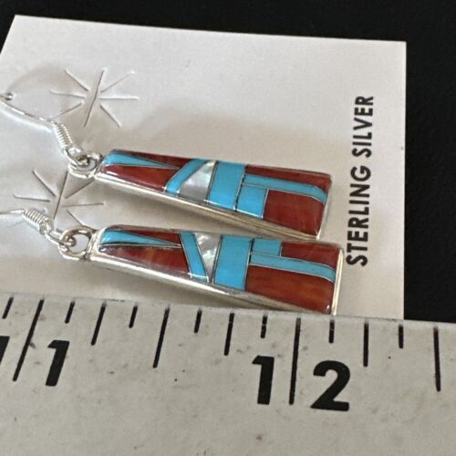 Navajo Blue Turquoise Red Coral Inlay Earrings | Sterling Silver | 1" | Authentic Native American Handmade | 15701