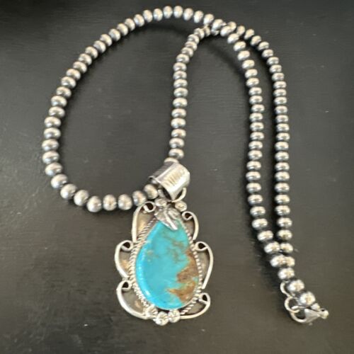 Men's Blue Kingman Turquoise Pendant Necklace | Navajo Pearls | Sterling Silver | 16022