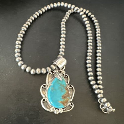 Men's Blue Kingman Turquoise Pendant Necklace | Navajo Pearls | Sterling Silver | 16022