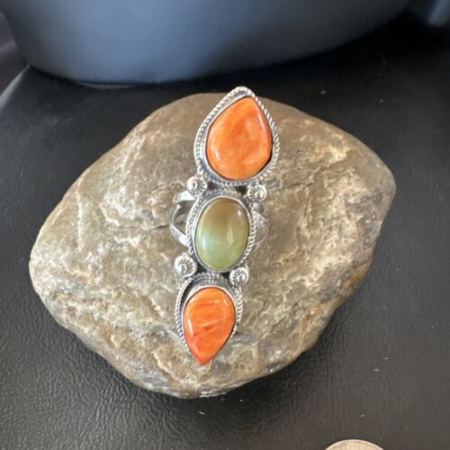Navajo Green Turquoise Spiny Oyster Multi-Stone Ring | Authentic Native American Sterling Silver | Sz 10 | 16713