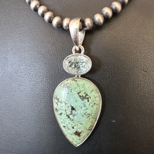 Navajo Dry Creek Turquoise Topaz Pendant Necklace | Sterling Silver | Authentic Native American Handmade | 16445