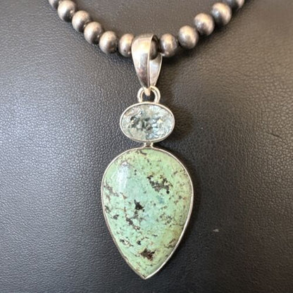 Navajo Dry Creek Turquoise Topaz Pendant Necklace | Sterling Silver | Authentic Native American Handmade | 16445