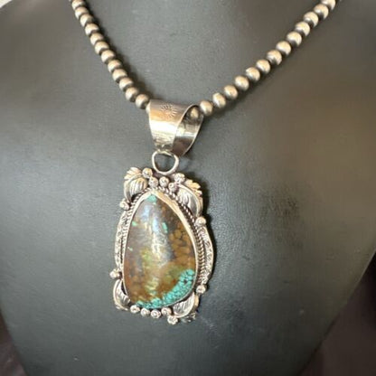 Men's Navajo Green Turquoise Pendant Necklace | Sterling Silver | Authentic Native American Handmade | 17528