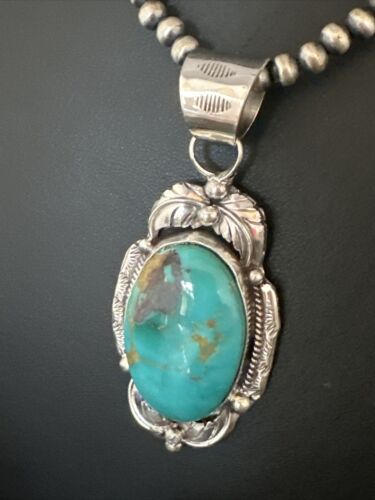 Navajo Pearls Necklace with Blue Turquoise Pendant | Sterling Silver | Authentic Native American Handmade | 14879