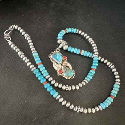 Navajo Blue Turquoise | Coral Pendant Necklace | Sterling Silver | Multi-Stone | 15256