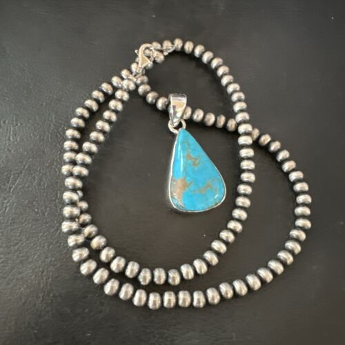 Navajo Blue Kingman Turquoise Pendant Necklace | Sterling Silver | 20" | Authentic Native American Handmade | 17011