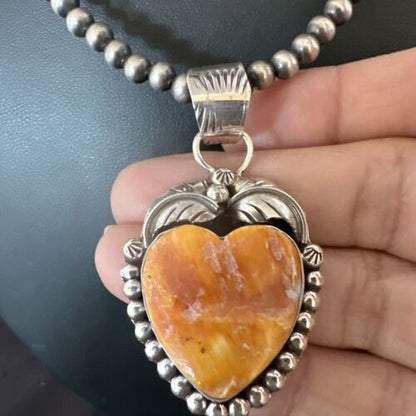 Navajo Orange Spiny Oyster Heart Pendant Necklace | Sterling Silver | Authentic Native American Handmade | 16551