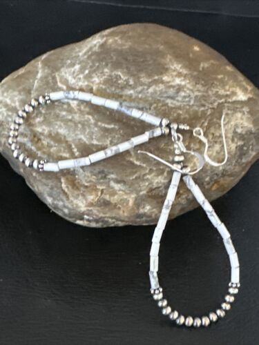Navajo White Howlite Heishi Dangle Earrings | Sterling Silver | 2" | Authentic Native American Handmade | 15348