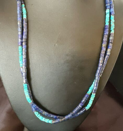 Navajo Blue Turquoise Lapis Necklace | Sterling Silver | 22" | Authentic Native American Handmade | 17554