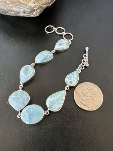 Navajo Blue Larimar Bracelet | Sterling Silver 7 Link | 8" | Authentic Native American Handmade | 16085