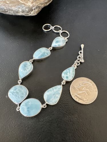 Navajo Blue Larimar Bracelet | Sterling Silver 7 Link | 8" | Authentic Native American Handmade | 16085