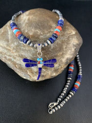 Blue Turquoise & Lapis Dragonfly Pendant Necklace | Navajo Sterling Silver | Authentic Native American Handmade | 13537