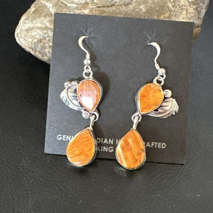 Navajo Orange Spiny Oyster Dangle Earrings | Sterling Silver | 1.5" | Authentic Native American Handmade | 16567