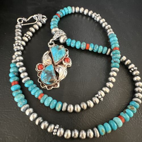 Navajo Blue Turquoise Coral Pendant Necklace | Sterling Silver | Multi-Stone | Authentic Native American Handmade | 15257