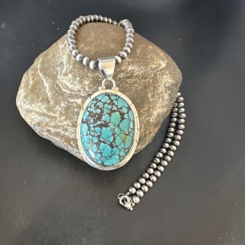 Men's Navajo Blue Spiderweb Turquoise Pendant Necklace | Sterling Silver | Authentic Native American Handmade | 16213