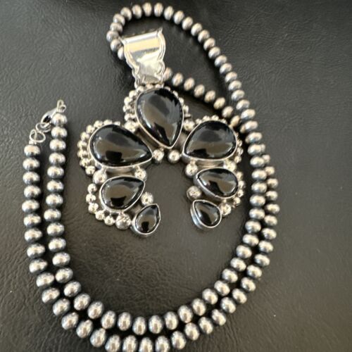 Men's Black Onyx Naja Pendant Necklace | Navajo Pearls | Sterling Silver | Authentic Native American Handmade | 16102
