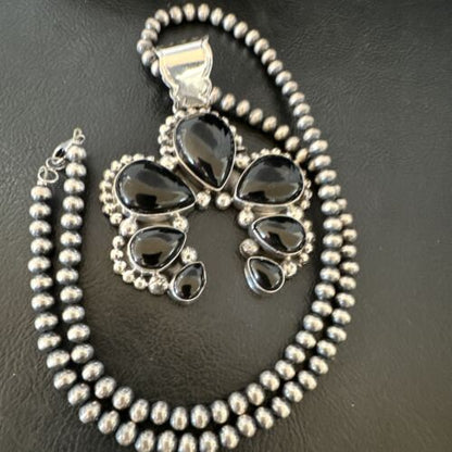 Men's Black Onyx Naja Pendant Necklace | Navajo Pearls | Sterling Silver | Authentic Native American Handmade | 16102