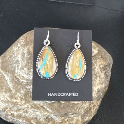 Navajo Blue Boulder Turquoise Dangle Earrings | Sterling Silver | Authentic Native American Handmade | 16497