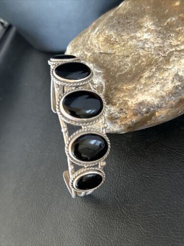 Navajo Sterling Silver Cuff Bracelet | Black Onyx 5 Stone | Authentic Native American Handmade | 14519