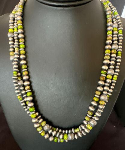 Navajo Pearls Green Turquoise Necklace | Sterling Silver | 3 Strand | 16403
