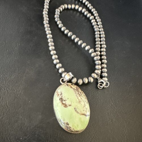Navajo Green Gaspeite Pendant Necklace | Sterling Silver | Authentic Native American Handmade | 15489