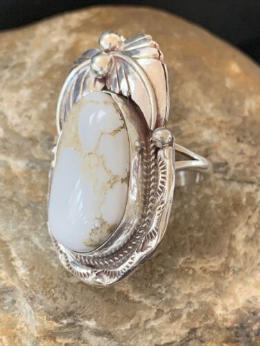 Navajo White Buffalo Turquoise Ring | Sterling Silver | Sz 8 | Authentic Native American Handmade | 01961