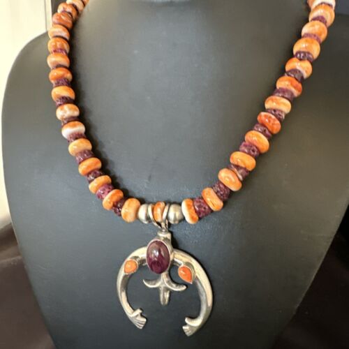 Navajo Orange Purple Spiny Oyster Naja Pendant Necklace | Sterling Silver | Authentic Native American Handmade | 15536