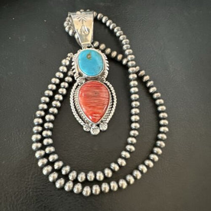 Navajo Blue Kingman Turquoise Spiny Pendant Necklace | Sterling Silver | Multi-Stone | 16824