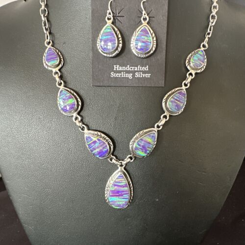 Navajo Purple Opal Lariat Necklace Set | Sterling Silver Pendant & Earrings | Authentic Native American Handmade | 16258 - Masha USA