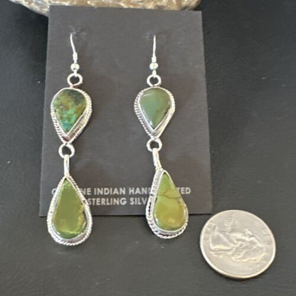 Navajo Green Royston Turquoise Dangle Earrings | Sterling Silver | Authentic Native American Handmade | 16490 - Masha USA