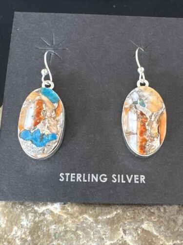 Navajo Blue Turquoise & Orange Spiny Oyster Inlay Dangle Earrings | Sterling Silver | 15587