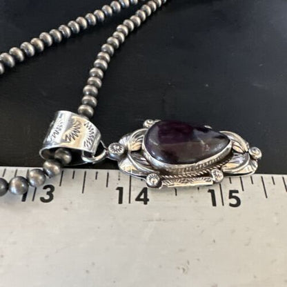 Navajo Purple Sugilite Pendant with Pearls | Sterling Silver Bead Necklace | Authentic Native American Handmade | 15413