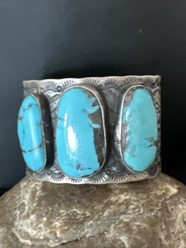 XL Men's Kingman Blue Turquoise 3 Stone Cuff Bracelet | Navajo Sterling Silver | 15857