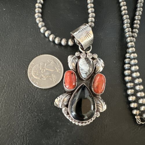 Navajo White Buffalo Coral Onyx Pearls Cluster Pendant | Sterling Silver | Native American Handmade | 15371