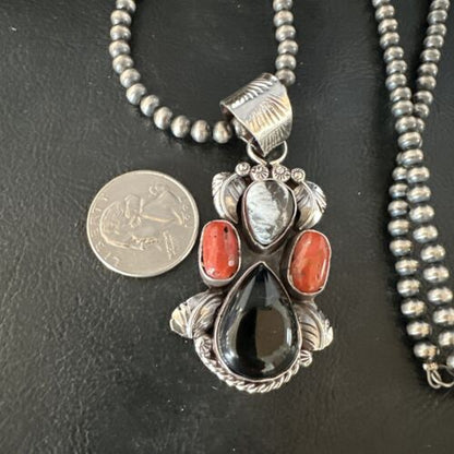 Navajo White Buffalo Coral Onyx Pearls Cluster Pendant | Sterling Silver | Native American Handmade | 15371