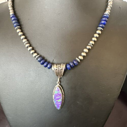 Navajo Lapis Purple Opal Pendant Necklace | Sterling Silver | 20" | Authentic Native American Handmade | 17551