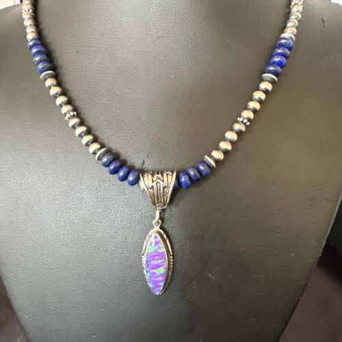 Navajo Lapis Purple Opal Pendant Necklace | Sterling Silver | 20" | Authentic Native American Handmade | 17551